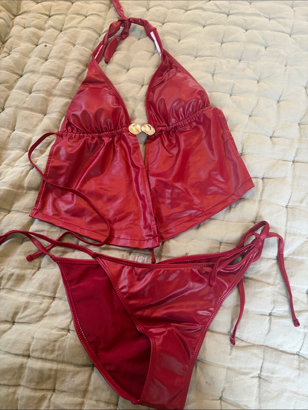 Red Faux Leather Halter Two-Piece Women’s Swim Set